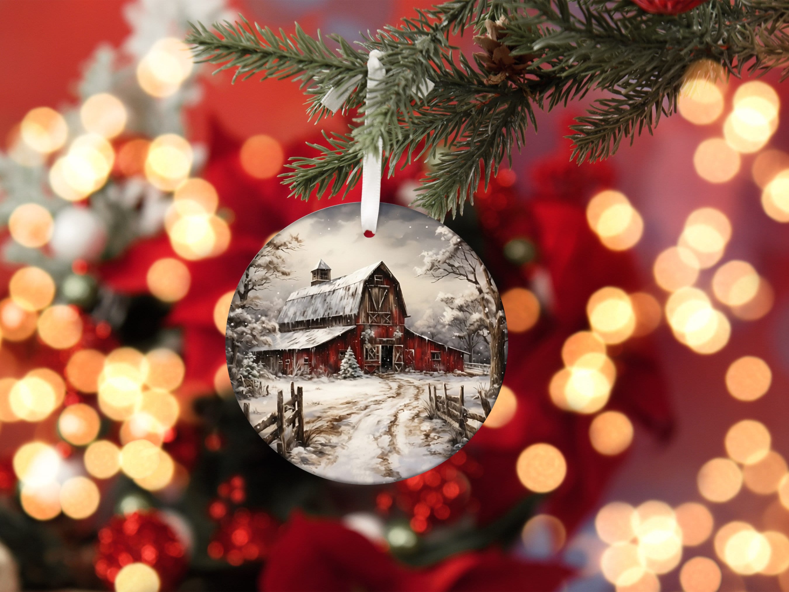 Vintage Style Red Barn Christmas Ornament, Christmas Ornament