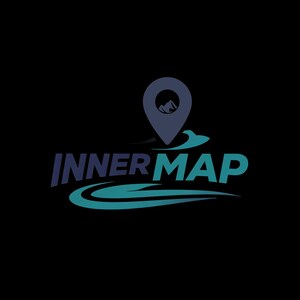 May include: A logo on a black background features the text "INNERMAP" in teal and navy blue. Above the text is a navy blue location pin with a mountain graphic inside. Teal curved lines are below the text.