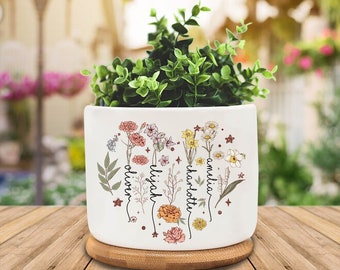 Pot personnalisé de plantes de fleurs du mois de naissance, cadeau pour les amateurs de jardinières, pot de fleurs extérieur, cadeaux de maman de fleur de naissance, cadeau de fête des mères