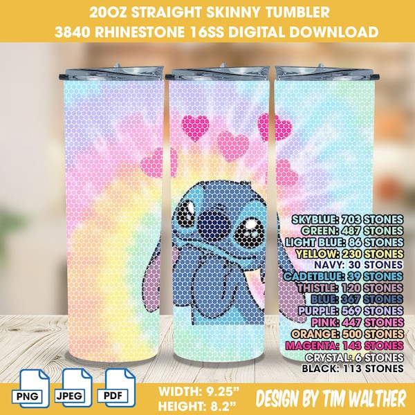 Stitch Love 20oz Straight Skinny Tumbler 16ss Rhinestone Archivo de descarga digital PNG, JPEG, PDF