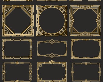 May include: Set of 16 gold art deco frames and corner designs. The frames are in various shapes, including square, round, and octagonal. The corner designs are in a variety of styles, including geometric and floral.