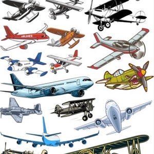 May include: A collection of 18 cartoon illustrations of different types of airplanes, including a red and white airplane with the word "Airlines" on the side, a blue and white airplane with a propeller, and a yellow and black biplane.
