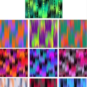 Op de afbeelding: Een verzameling van 10 digitale naadloze patronen met abstracte, kleurrijke en geometrische ontwerpen. De patronen zijn gemaakt van verticale strepen met een wazig, golvend effect. De kleuren in de patronen omvatten oranje, paars, groen, blauw, roze, rood en zwart.