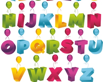 May include: A colourful alphabet and numbers with balloons attached to each letter and number. The letters are in a 3D style and are in various colours, including red, blue, green, yellow, and purple. The balloons are all the same colour, a light pink.