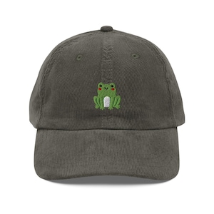Frog Corduroy Hat – Vintage Embroidered Frog Cap | Cottagecore Aesthetic Gift, Frogcore Fashion, Cute Fall Hat, Cozy Animal Hat