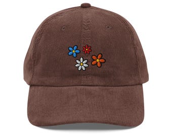 Colorful Flower Corduroy Hat – Embroidered Retro Cap, Boho Floral Dad Hat, Cute 70s Aesthetic, Y2K Summer Gift, Funky Festival Hat
