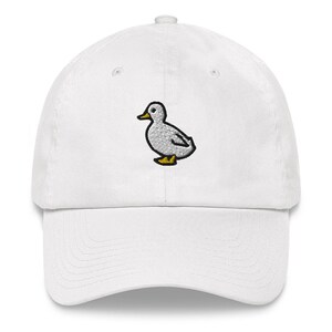 May include: White baseball cap with an embroidered white duck with yellow feet.