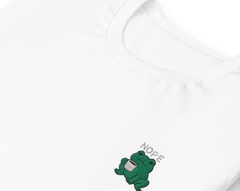 Nope Frog Embroidered Unisex T-Shirt – Lazy Frog Tee for Coffee Lovers