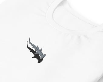 Hammerhead Shark Embroidered T-Shirt – Unique Marine Life Tee, Ocean Wildlife Shirt, Sea Animal Gift, Eco-Friendly Unisex Top
