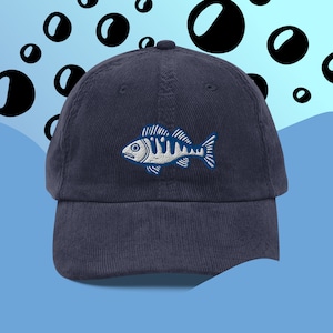 Fish cap, vintage corduroy cap, embroidery, dad hat, unisex, adjustable - multiple colours