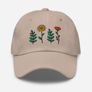 Floral Embroidered Hat – Beige Cotton Baseball Cap with Wildflowers | Cottagecore Aesthetic, Garden Gift, Plant Lover Hat – Multi Colors