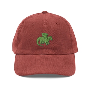 Green Dragon Corduroy Hat – Vintage Embroidered Fantasy Cap | DnD Gift, Dragoncore Aesthetic, Cozy Gamer Hat, Mythical Creature Hat