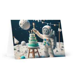 Tarjeta de cumpleaños para niños, linda impresión de dibujos animados espaciales, ¡Feliz cumpleaños!