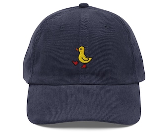 Duck Embroidered Vintage Cap with Playful Design, Duckcore, Handmade Embroidered Corduroy Dad Cap - Multiple Colors
