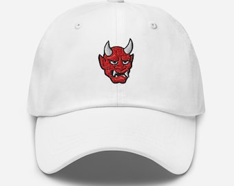 Red Oni Demon Dad Hat – Embroidered Japanese Mask Cap | Streetwear Aesthetic, Yokai Gift, Urban Japan Style, Onicore Fashion Hat