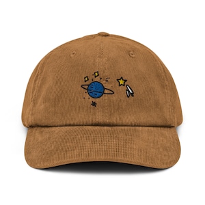 Space hat, corduroy hat, embroidery, dad hat, handmade, Adjustable Baseball Cap, Cute, Gift, Unisex, Multiple Colors