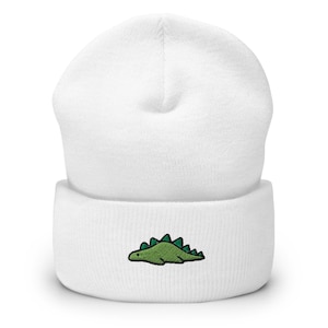 Dinosaur Embroidered Beanie, Handmade Cuffed Knit Unisex Slouchy Adult Winter Hat Cap Gift, Kawaii