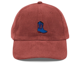 Sombrero de pana vintage con bota vaquera azul - Gorra de papá con bordado estilo western / Regalo campestre, estética rodeo, gorra vaquera