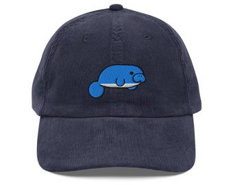 Gorra vintage bordada con manatí y suaves vibraciones oceánicas: gorra de pana bordada a mano para papá, varios colores