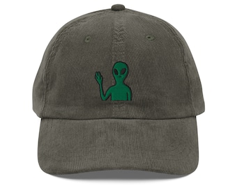 Dad Hat from Another Planet: Unique Alien Embroidery on Vintage Corduroy
