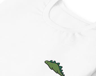 Dinosaur Embroidered T-Shirt - Minimalist, Cute Stegosaurus White Tee, Kawaii Dino Shirt, Unisex Gift, Soft Cotton Aesthetic Top