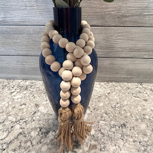Blue gray wood bead garland with jute tassels, boho home decor, jewelry for  the home, rustic bead garland, farmhouse beads
