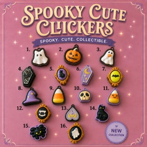 May include: A collection of sixteen numbered Halloween-themed charms labeled Spooky Cute Clickers. The charms feature designs including ghosts, a pumpkin, a coffin, a black cat, a crescent moon, a bat, a witch hat, candy corn, a skull, and a spider.
