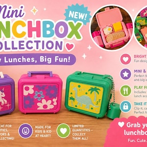 May include: A Mini Lunchbox Collection set featuring three small plastic lunchboxes in purple, pink, and green. The purple box has a unicorn graphic, the pink has a floral pattern, and the green has a dinosaur design. Each includes pretend food.