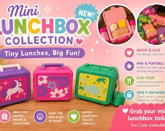 May include: A collection of three miniature plastic lunchboxes in purple, pink, and green. The purple box features a unicorn, the pink box has a floral pattern, and the green box displays a dinosaur. Each includes a handle and a metal chain.