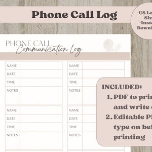 Phone Call Log, Editable Printable Communication Log, Fillable Template, Phone Message List, Client Call Message Log, Instant Download PDF