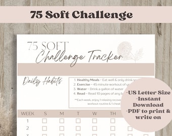 75 Soft Challenge Tracker, 75 Soft Notion Printable PDF, 75 Hard Fitness Tracker Journal, Self Improvement Weight Loss Resolution Checklist