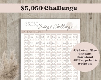 5050 Savings Challenge, 100 Envelope Challenge Printable PDF, 5k Money Savings Budget Challenge, 5,050 Finance Tracker