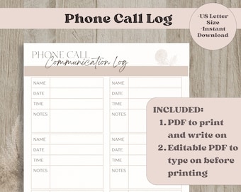 Phone Call Log, Editable Printable Communication Log, Fillable Template, Phone Message List, Client Call Message Log, Instant Download PDF