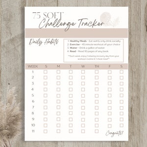 May include: A printable 75 Soft Challenge Tracker with a floral design. The tracker includes a checklist for daily habits such as healthy meals, exercise, water, and reading. The tracker is divided into weeks, with each week having a column for each day of the week. The tracker is designed to help people track their progress towards their goals.
