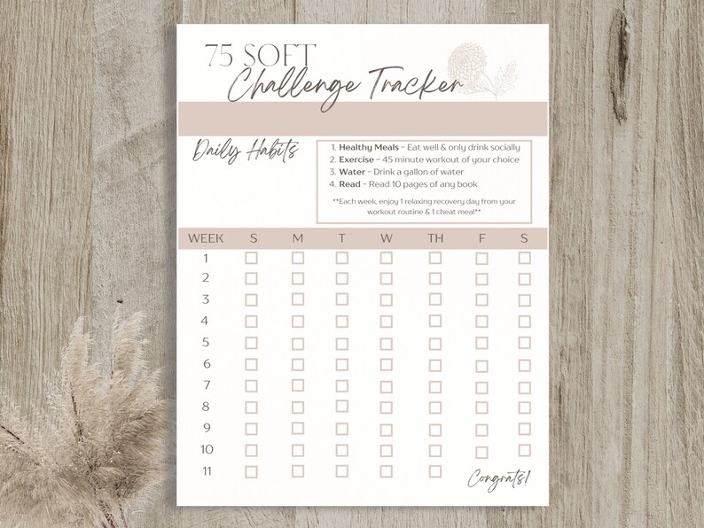 May include: A printable 75 Soft Challenge Tracker with a floral design. The tracker includes a checklist for daily habits such as healthy meals, exercise, water, and reading. The tracker is divided into weeks, with each week having a column for each day of the week. The tracker is designed to help people track their progress towards their goals.