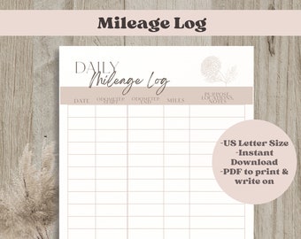 Daily Mileage Log, Printable Mileage Tracker Log Book, Vehicle Work Mileage for Travel, Miles Log, Driving Log, Mileage Tracking, Car Miles