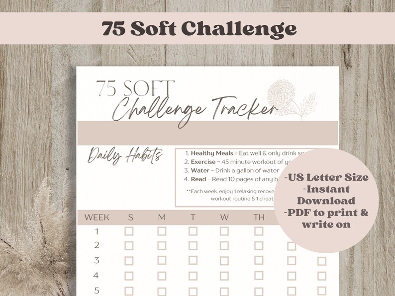75 Soft Challenge Tracker, 75 Soft Notion Printable PDF, 75 Hard Fitness Tracker Journal, Self Improvement Weight Loss Resolution Checklist