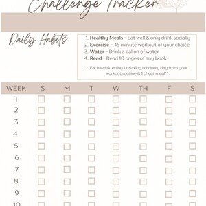 May include: A printable 75-day challenge tracker with a floral design. The tracker includes a list of daily habits: healthy meals, exercise, water, and reading. The tracker is divided into weeks and days of the week, with checkboxes for each day.