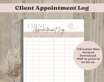 Client Appointment Log, Client Info Schedule Tracker, Planner for Client Appointments, Printable Sign In Sheet, Instant Download PDF