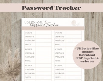 Printable Password Tracker, Username and Password Log, Password Keeper Notebook, Organization for Website Login Information, PDF Download