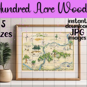 Impressão de mapa do Ursinho Pooh | Download digital em JPG em 5 tamanhos | Arte de parede clássica para berçário do Ursinho Pooh em madeira de cem acres | Pôster de mapa de livro de histórias da floresta
