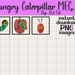 Pu&ograve; includere: Set di clip art digitali con tre illustrazioni di un bruco e una mela. Il testo "Hungry Caterpillar MEGA Clip Art Set" &egrave; in alto, con "instant download PNG images" a destra. Le illustrazioni sono in cornici nere.