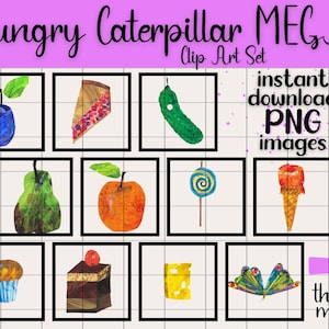 Pu&ograve; includere: Un set di clip art digitali intitolato "Hungry Caterpillar MEGA" con illustrazioni ad acquerello di vari alimenti come prugne, torte e coni gelato. Il set include il testo "instant download PNG images".