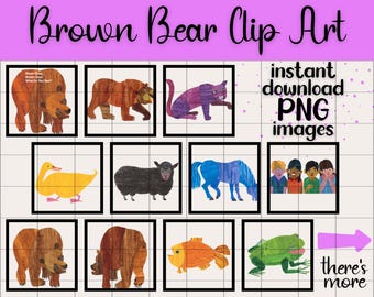 Orso bruno, cosa vedi? Set di clipart / PNG trasparente, download digitale, illustrazione stampabile trasparente di Eric Carle, per asili nido e aule scolastiche.