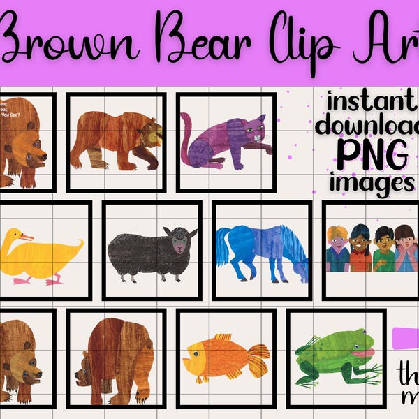 Brown Bear What Do You See? Clip Art Set | Transparent PNG Digital Download Eric Carle Printable Transparent Illustration Nursery Classroom