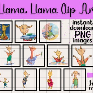 May include: A set of 10 digital clip art images featuring a llama in various poses and situations. The images are in PNG format and are perfect for use in crafting projects, scrapbooking, and other creative endeavors.