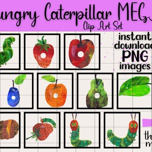 Set di clip art di The Very Hungry Caterpillar / PNG trasparenti Download digitale Decorazioni per feste in aula della biblioteca per bambini di Eric Carle