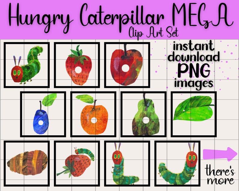 Pu&ograve; includere: Un set di clip art digitali intitolato "Hungry Caterpillar MEGA" con illustrazioni ad acquerello di un bruco, frutta e foglie. Le immagini sono disposte in quadrati con cornice nera, con le parole "download istantaneo immagini PNG".