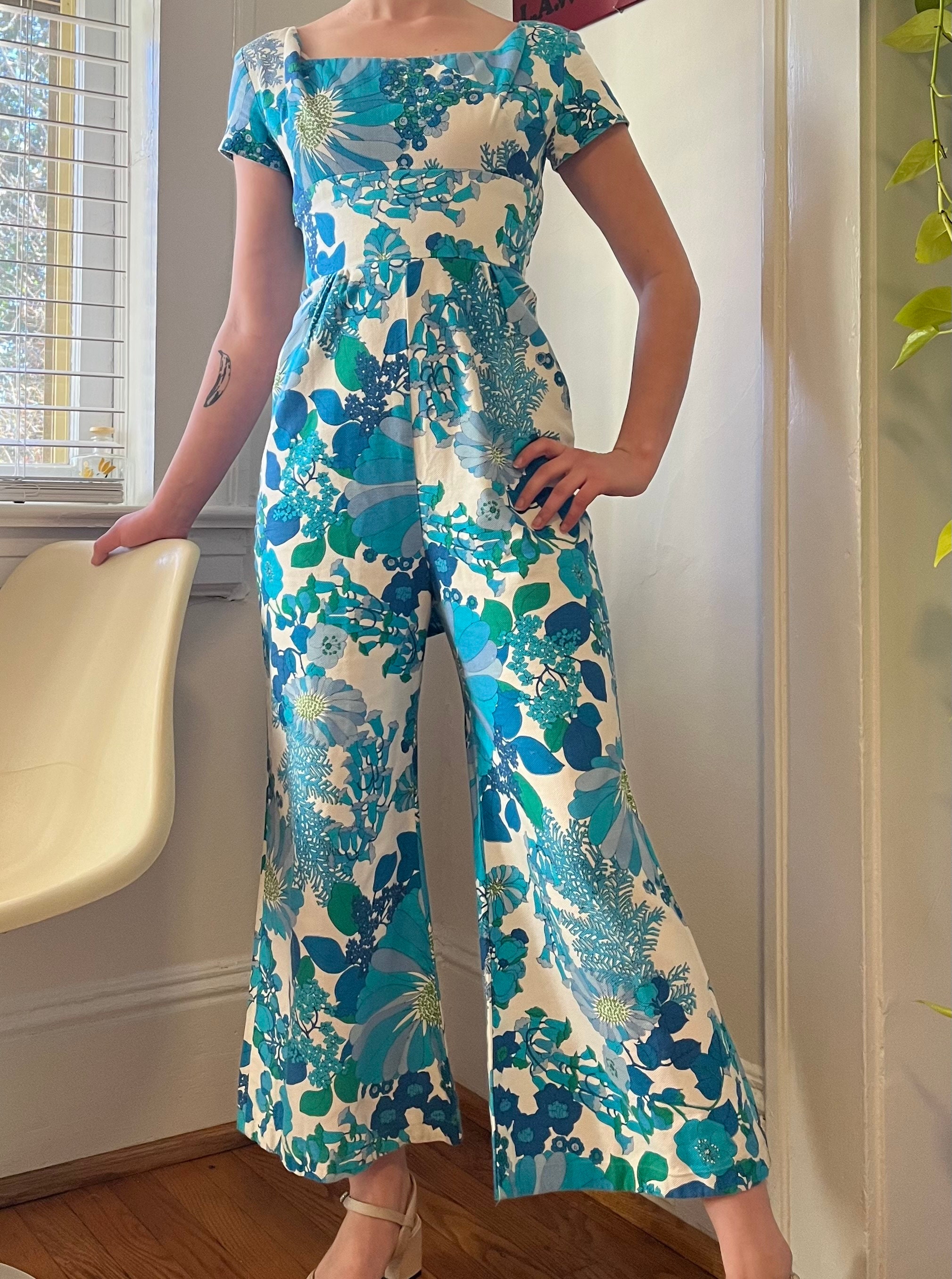Gorgeous One of a Kind 1960s Floral Hawaiian Bell Bottom Jumpsuit