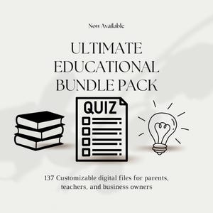 Może przedstawiać: Ilustracja promująca pakiet edukacyjny. Obraz przedstawia stos książek, dokument quizu i żarówkę. Tekst brzmi "ULTIMATE EDUCATIONAL BUNDLE PACK" i "137 konfigurowalnych plików cyfrowych dla rodziców, nauczycieli i właścicieli firm."